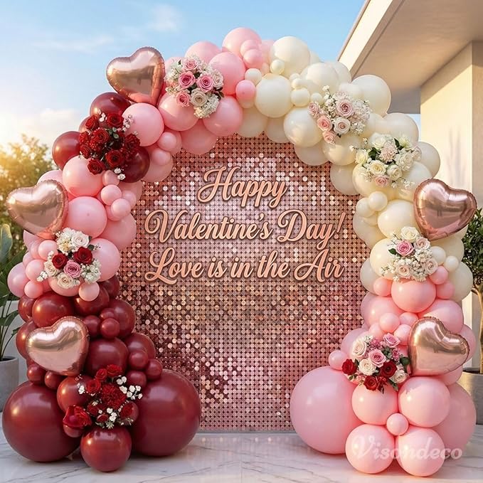 131Pcs Burgundy Red and Pink Valentines Balloons Arch Kit with Ivory & Rose Gold Heart Shaped Foil Balloons - Birthday, Proposal, Valentine's Day Decorations, Mother's Day, Wedding, Party Backdrop