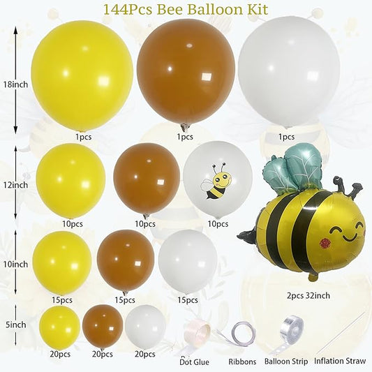 144PCS Bee Balloon Arch Garland Kit with Yellow Brown White Balloons for Honey Bumble Bee Theme Birthday Decorations, What Will It Bee Gender Reveal, Sunflower Party Decor