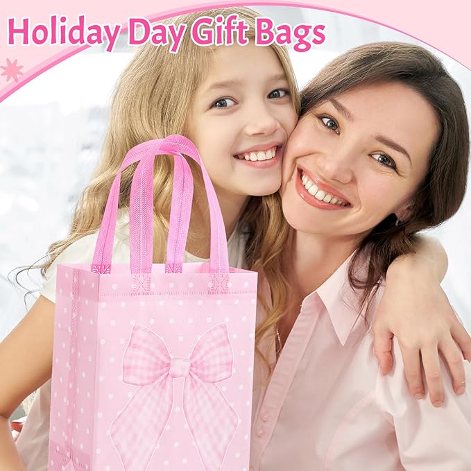 Wovnet 30 Pcs Pink Bow Gift Bags Reusable Non Woven Party Favor Bag Coquette Bow Goodie Treat Bags with Handle for Girls Wedding Bridal Shower Tea Party Birthday 10 x 8 x 4in