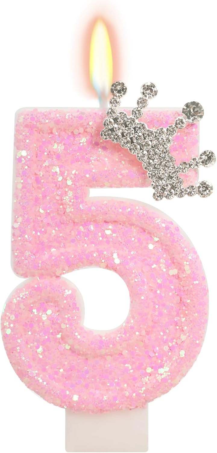 Pink Crown Birthday Candle for Cake, Pincess Birthday Party Decorations, 2.76 Inch Cake Topper for Girls Party Supplies (Number 5)
