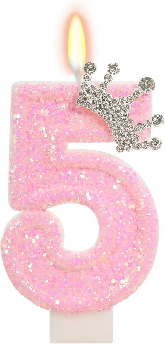 Pink Crown Birthday Candle for Cake, Pincess Birthday Party Decorations, 2.76 Inch Cake Topper for Girls Party Supplies (Number 5)