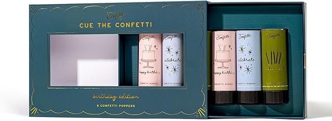 Cue the Confetti Birthday Box (6 Confetti Poppers) – Biodegradable Confetti Poppers for Birthday Parties & Gifts – Eco-Friendly & Spring Loaded for Noise Free Fun.