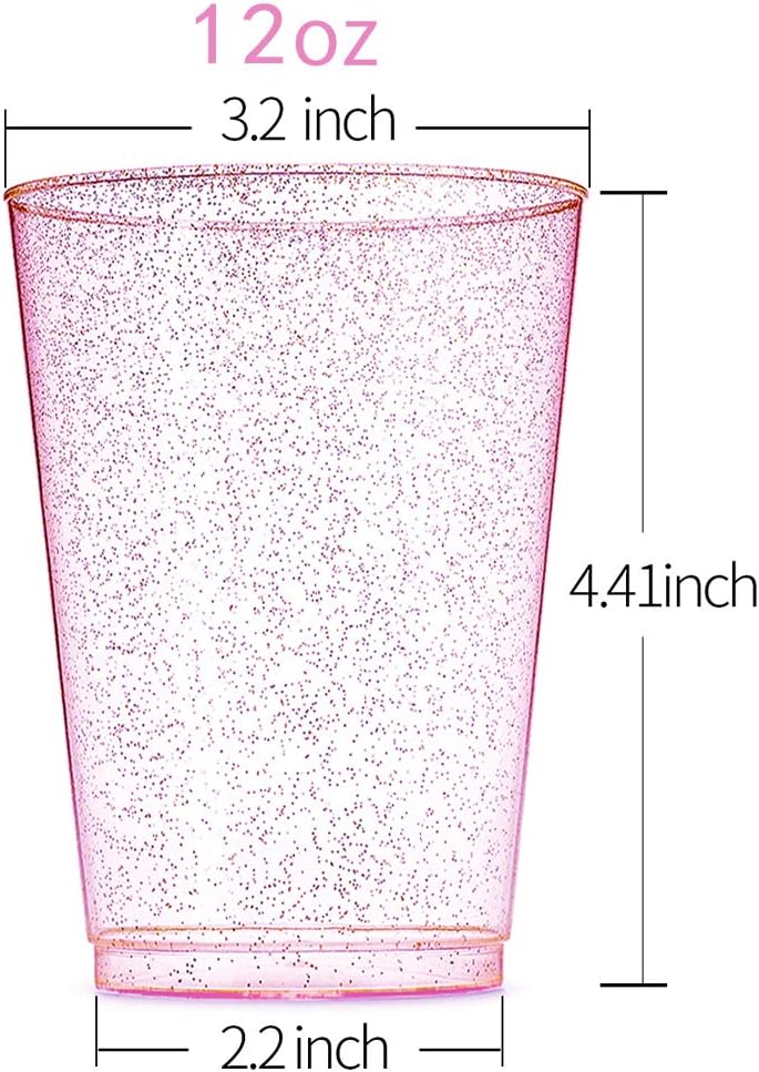 WDF 100pcs 12OZ Rose Gold Cups,Disposable Rose Gold Premium Wedding Glitter Plastic Cups Perfect for Mother's Day/Party