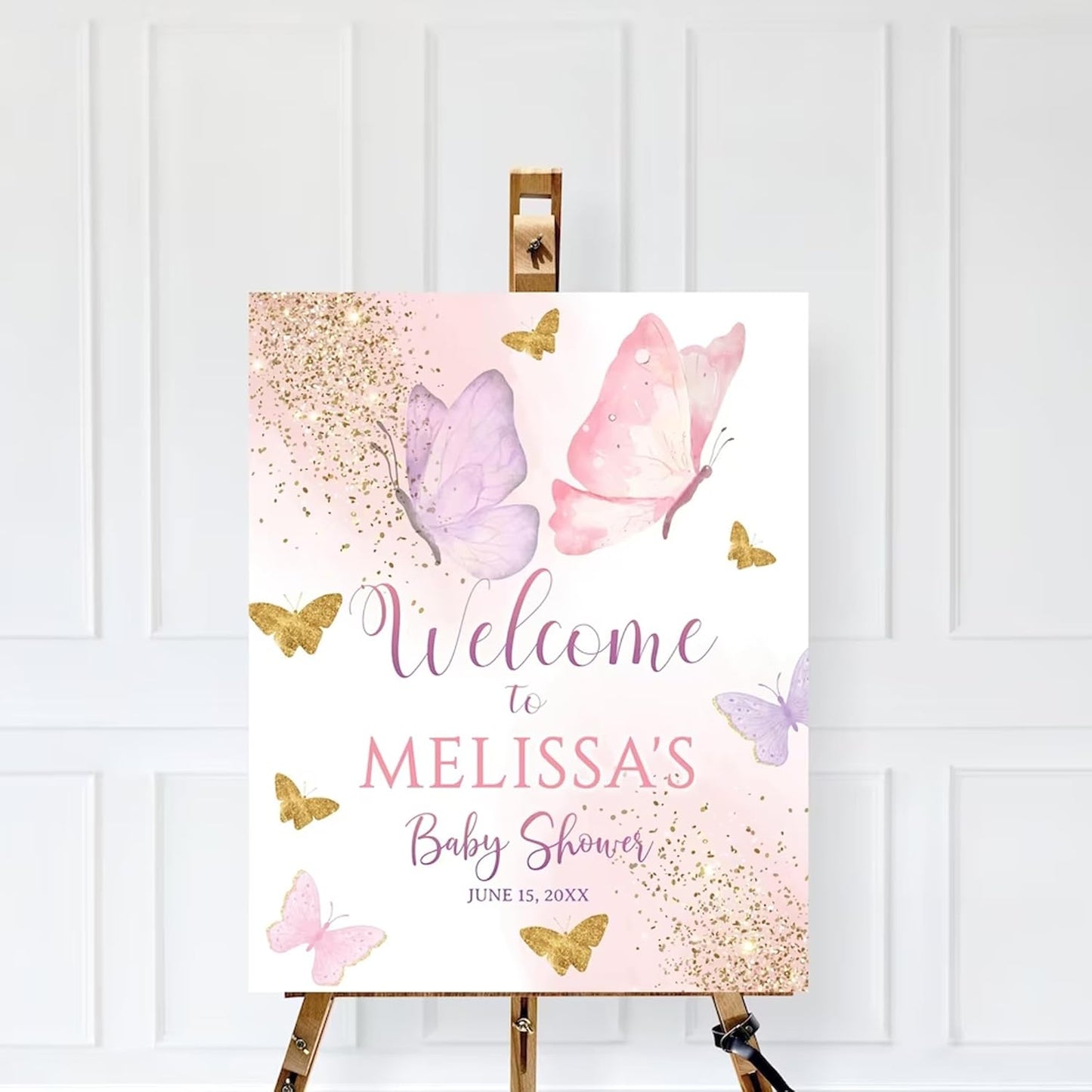 Personalized Pink Butterfly Baby Shower Welcome Sign, Baby Shower Sign, Girl Baby Shower Poster, Girl Baby Shower Decorations, Pink Gold Welcome Poster