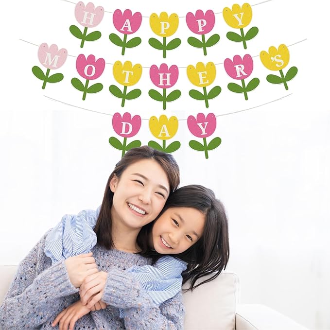 Happy Mother's Day Banner Set Decoration for Mother's Day Party Decorations Backdrop Garland for Mom Mother's Day Glitter Garland Photo Props (Pink Yellow Flower)