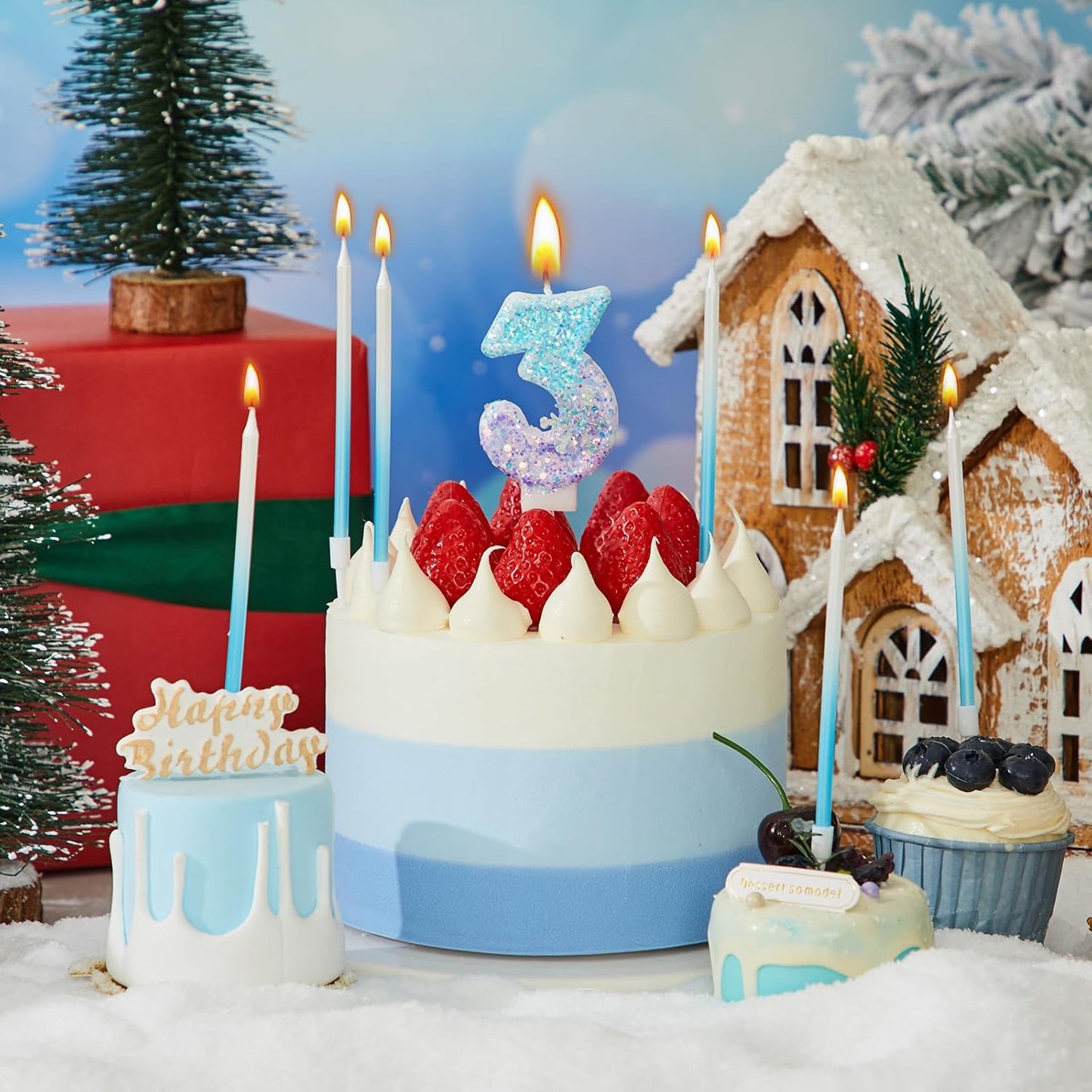 MTLEE Number 3 Birthday Candle Blue Snowflake with 6 Long Thin Cupcake Candles Blue Sparklers Glitter Number Happy Birthday Cake Topper Decorations for Winter Party Supplies