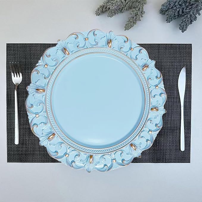6 Pack Blue Charger Plates 13" Round Charger Plates for Dinning Plates with Embossed Rim Plastic Charger for Dinner, Wedding, Elegant Tableware Decor