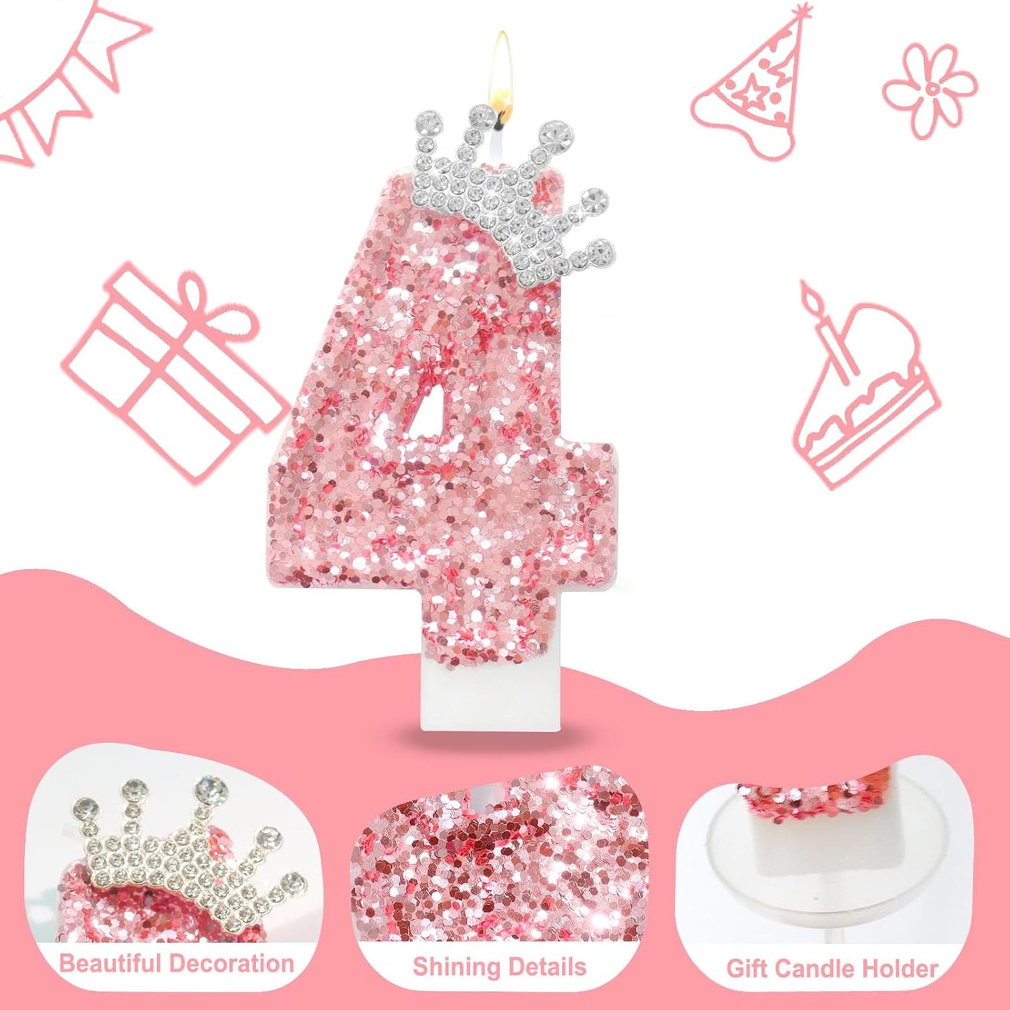 Ceya Number 4 Birthday Candles,Pink Crown Candle for Cake, Sparkling Number Glitter Candle 3.14inch Cake Topper,4st Birthday Decorations for Girl Women Reunions Anniversary Party Supplies