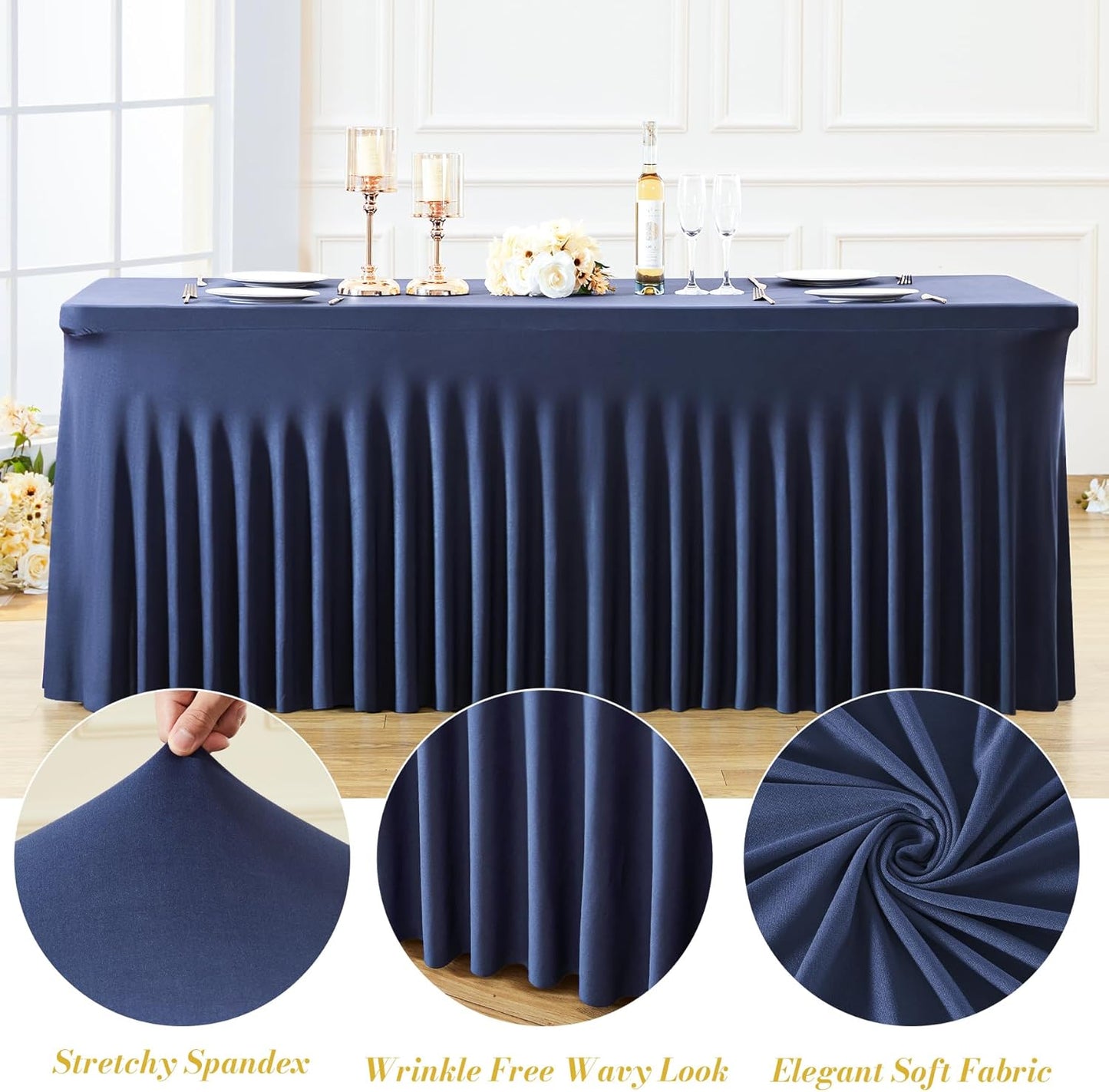 2 Pack Spandex Navy Blue Fitted Table Cloth for 8ft Rectangle Tables Navy Blue Stretch Tablecloth Table Covers Banquet Table Clothes Wrinkle Free Table Skirt for Parties Wedding
