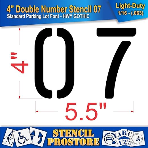 Pavement, Curb, and WheelStop Stencils - 4 inch Double Number Stencil - (07) - 4" x 5.5" x 1/16" (63 mil) - Light-Duty