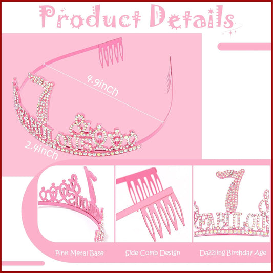 7th Birthday Decorations for Girls Set - Happy 7th Birthday Princess Crown and Glitter Sash, 7 Year Old Girl Tiara Party Decorations Supplies Outfit Accessory Gifts