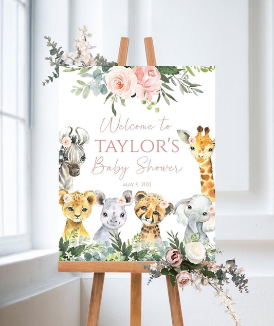 Editable Jungle Baby Shower Welcome Sign, Safari Pink Floral Baby Shower Welcome Poster, Printable Greenery Jungle Animals Baby Shower for Girls, Plastic Sign, Baby Shower Decor, Custom Design