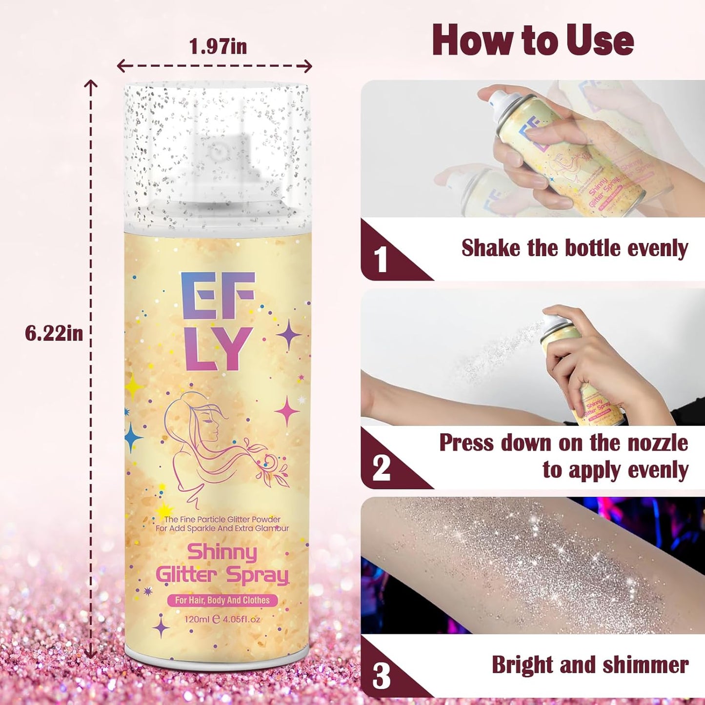 Body Glitter Spray for Hair and Body, Hair Glitter Spray for Clothes, Face, Skin, Long Lasting Spray Glitter Suitable for Music Festival Rave and Makeup Prom 4.05 FL Oz (Pink)