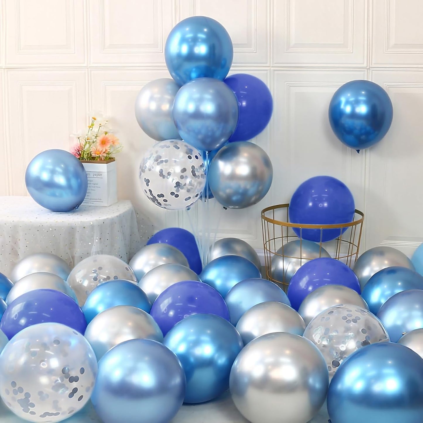Netnology Blue Silver Balloons Set,60Pcs 12 Inch Navy Royal Blue Balloons Light Blue Silver Metallic Confetti Balloon for Birthday Baby Shower Bridal Shower Wedding Graduation Party Decorations