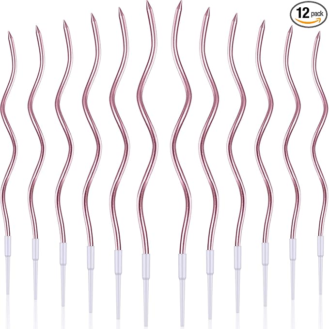 BBTO 12 Pcs Twisted Birthday Candles Spiral Metallic Cupcake Thin Long Cake Candles with Holders for Birthday Wedding Party(Rose Gold)