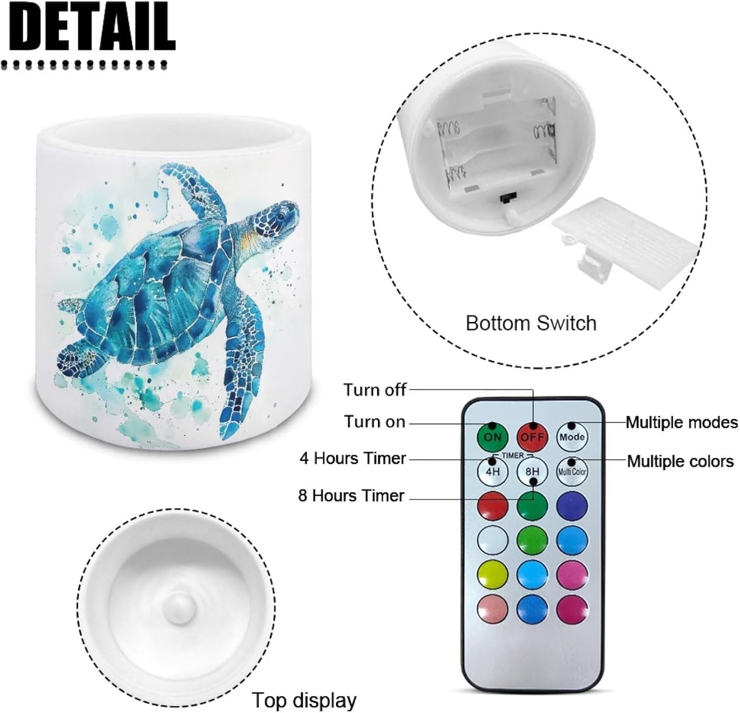 Poceacles LED Flameless Candles Set of 4 Multi-Color Battery-Powered Candles with Remote and Timer, Tea Light for Weddings Parties Decorations, Watercolor Sea Turtle Blue White