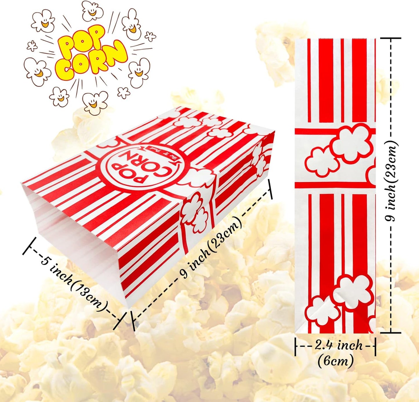 50 Pcs Flat Bottom Popcorn Bags, 2 oz Paper Popcorn Bags for Family Movie Night Baseball Themed Carnival Christmas Birthday Party