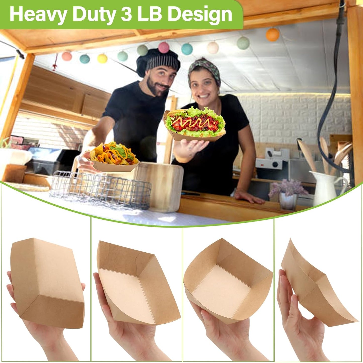 100 Pack 3lb Heavy Duty Kraft Leak Proof Paper Food Boats Disposable Nacho Trays Takeout Trays for Chips, Hot Dogs, Popcorn, Snacks, BBQ, Party, Picnic, Wedding
