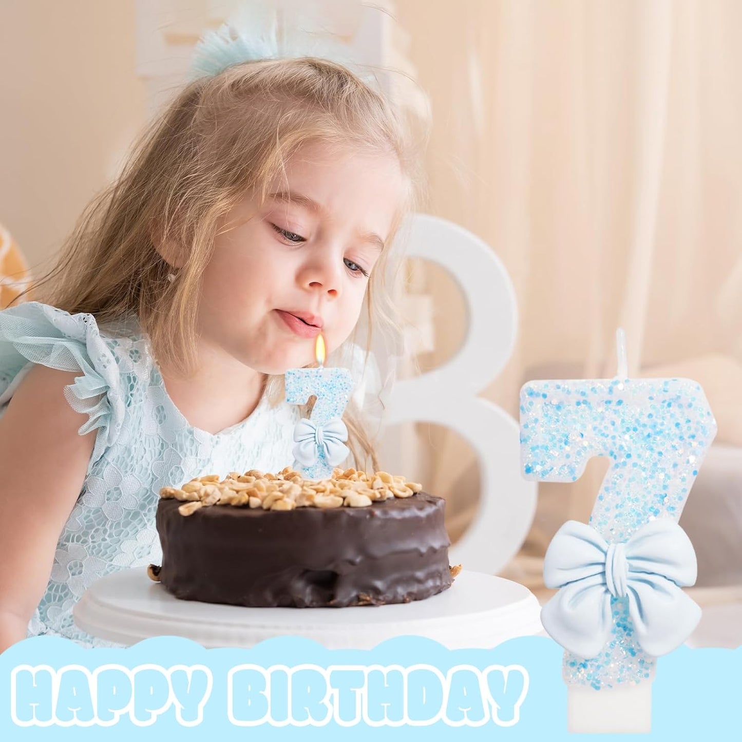 Birthday Candle for Cake, Blue Bow Number Candles, 2.76 inch Number, Cake Topper Decoration for Birthday Party (Number 7)