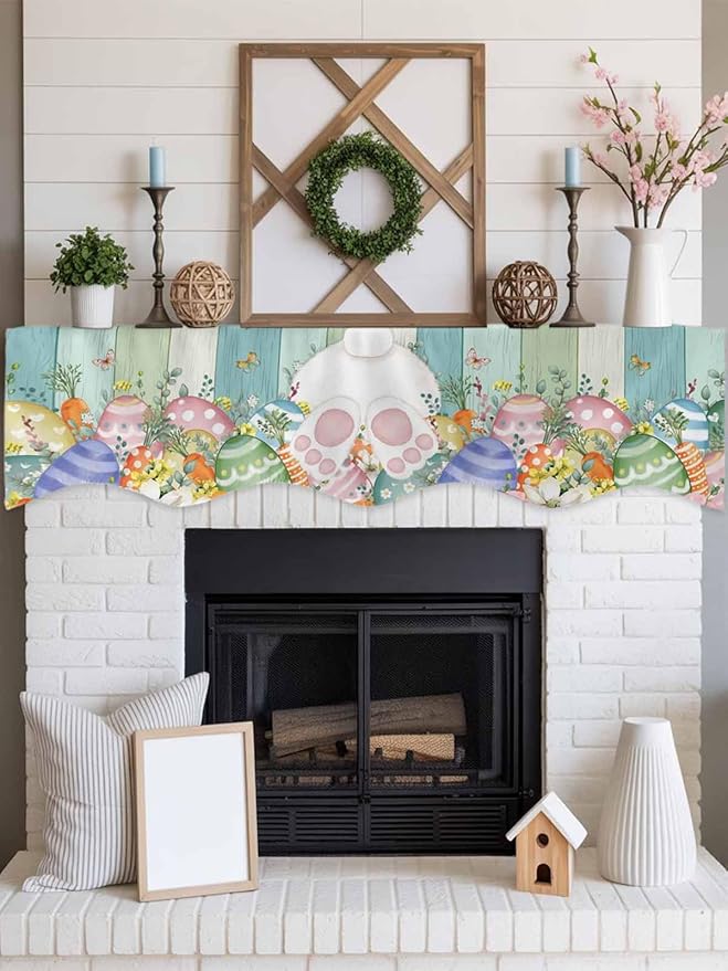 Cute Easter Bunny Fireplace Mantel Scarf Table Runner, Eucalyptus Leaves Colorful Eggs Wooden Winter Garland Mantel Top Tablerunners Dresser Scarves Cover for Windows Party Living Room 70''x17''