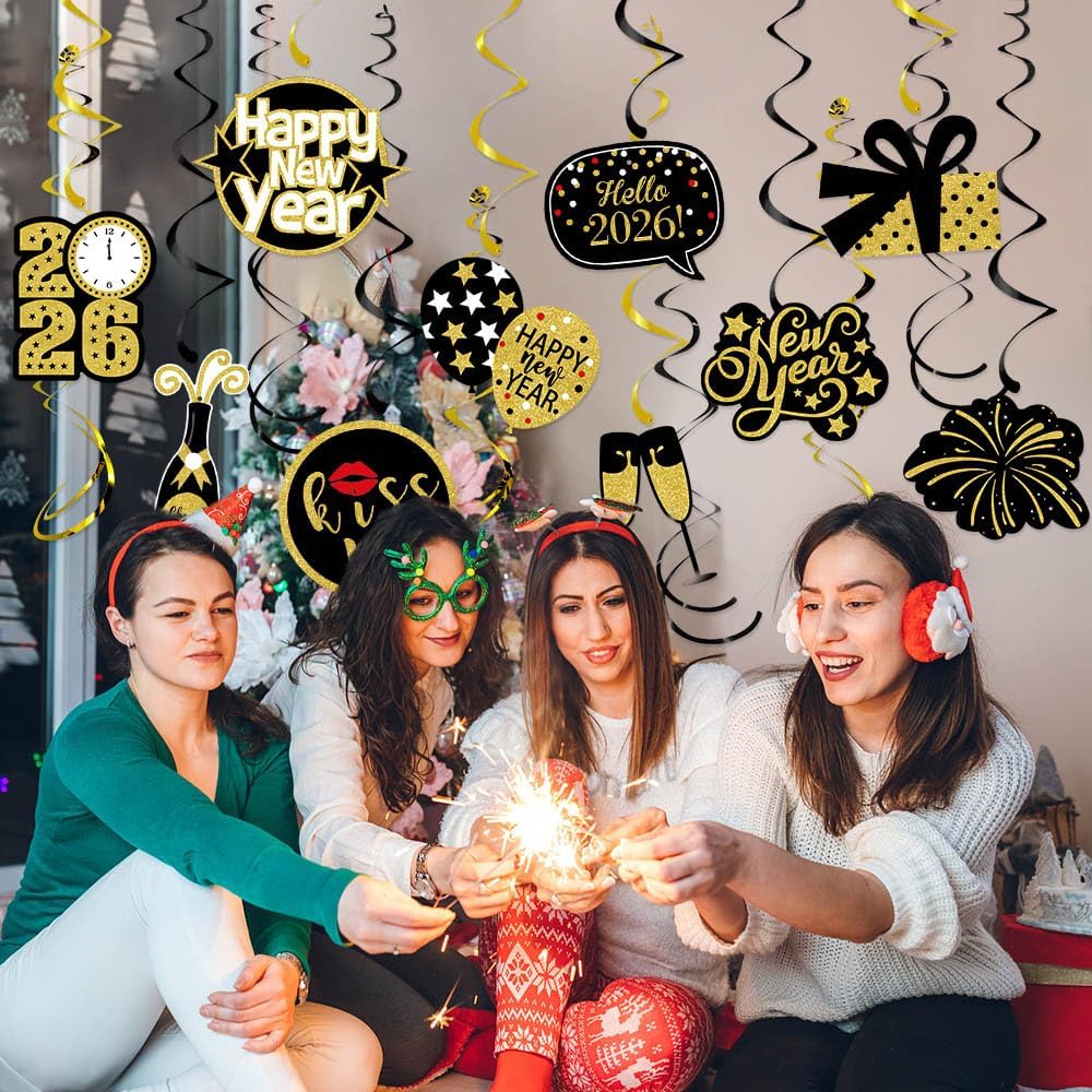 Happy New-Year’s Eve Party-Decoration Banner Garland - 16pcs Black Gold 2026 Swirl Streamers Banner, Nye Kids Hanging Supplies Decor Lasting Surprise