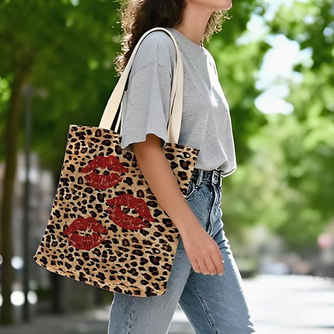 Coquette Leopard Red Lip Tote Bag for Women,Trendy Cheetah Print Canvas Tote Bag for Girls,Girly Leopard Lip Print Aesthetic Reusable Shopping Grocery Bags Party Favors