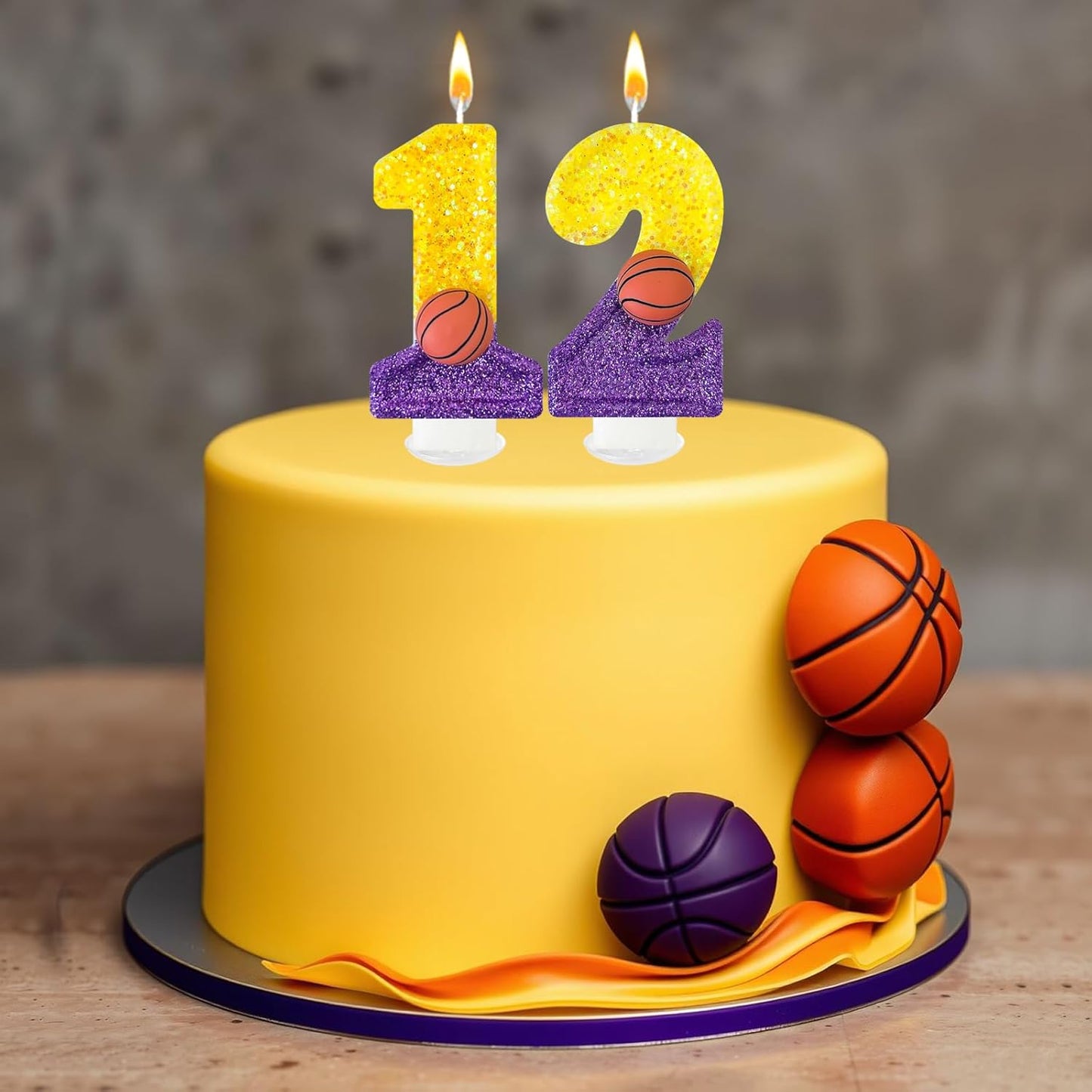 HXOUSE Basketball Number 2 Birthday Candles - Purple Gold Birthday Candles for Cake, 2 Candle for Basketball Theme Cake Topper, Boys Sport Party Decorations Gifts (No.2)