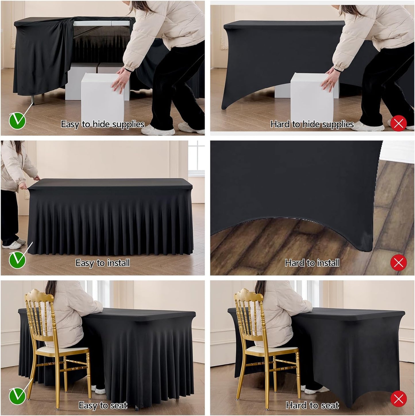Outpain Wrinke Free Spandex Tablecloth for 6 Foot Rectangle Tables, 6 Pack Black Fitted Table Cloths 6ft Stretchy Banquet Table Clothes Cover Desk Skirt for Birthday Wedding Parties Baby Shower