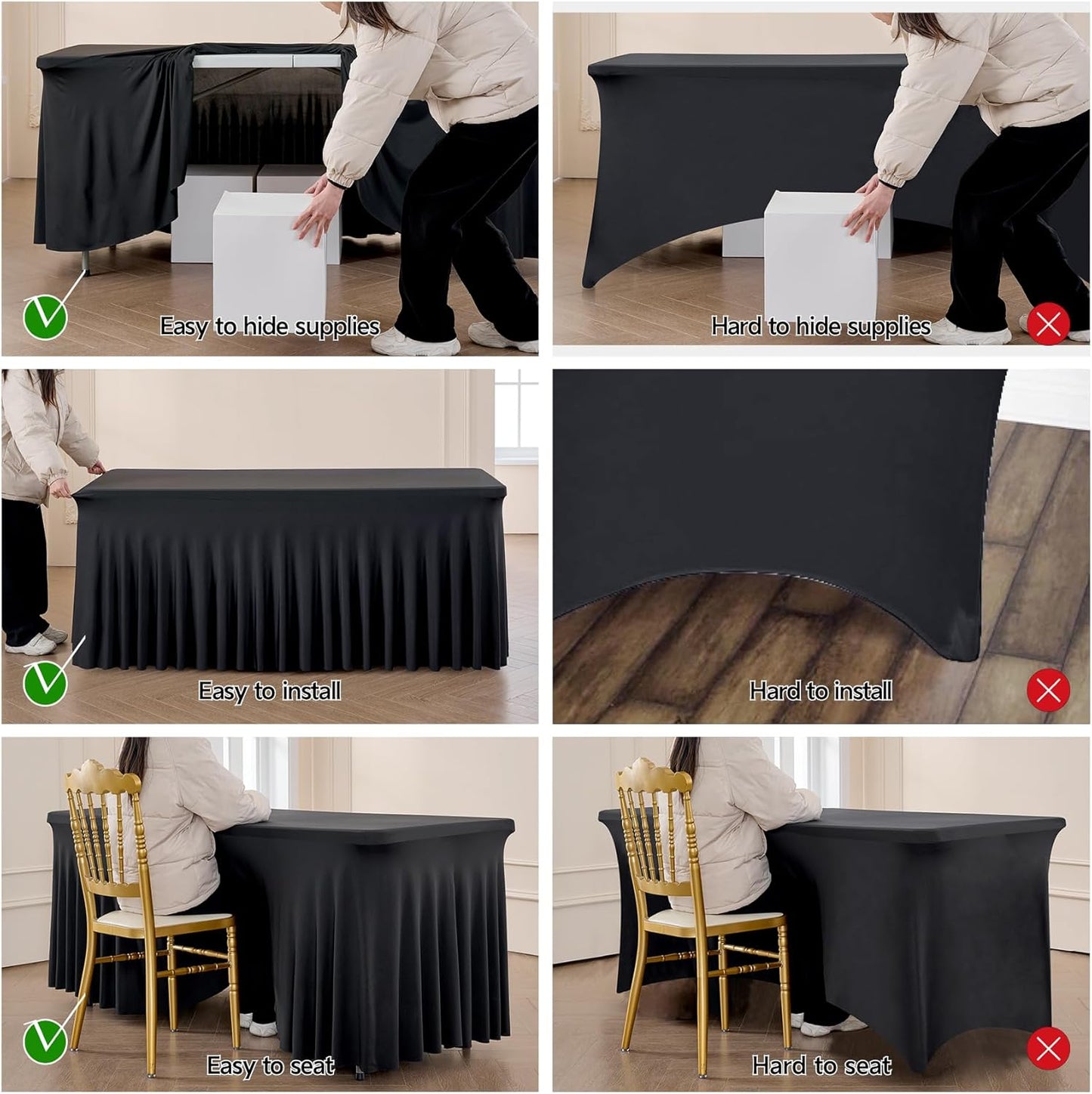 Outpain Black Spandex Table Clothes for 5 Foot Rectangle Tables-2Pack 5FT Spandex Fitted Table Cover, Wrinkle Free Tablecloths with Skirt for Parties, Wedding, Birthday, Banquet, Festival