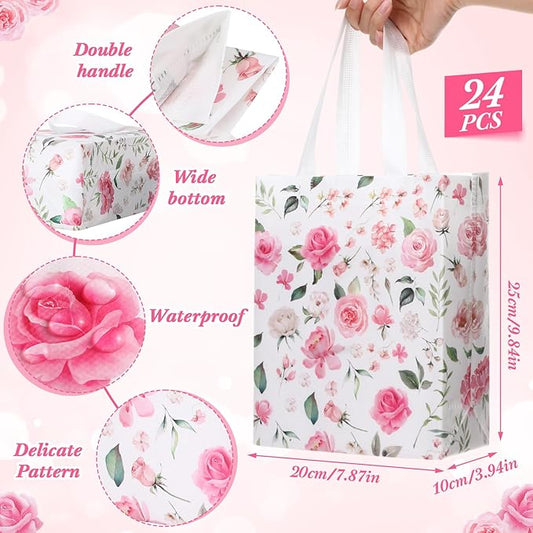 Supervitae 24 Pack Pink Floral Theme Gift Bags Medium Floral Party Favor Bags Flower Reusable Totes Non Woven Goodie Totes for Wedding Birthday Baby Shower Family Holiday Travel(9.8" x 7.9" x 3.9")