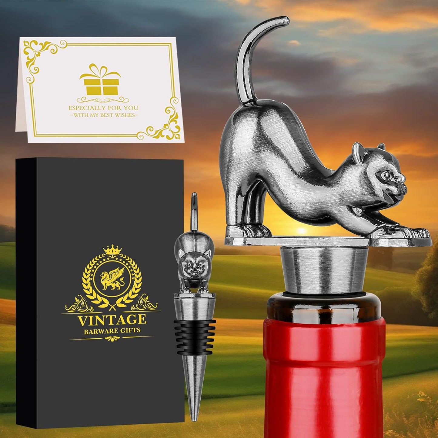 LKKCHER Cat Wine Bottle Stopper, Cat Gifts for Cats Lovers Women Men, Birthday Mothers Day Fathers Day Christmas Gifts for Women Men, Silver with Gift Box