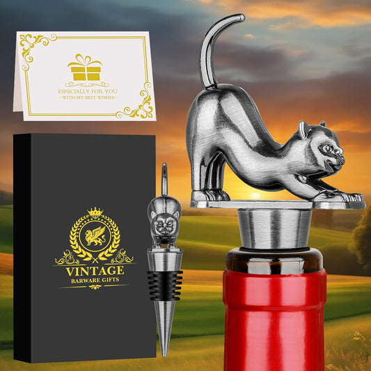 LKKCHER Cat Wine Bottle Stopper, Cat Gifts for Cats Lovers Women Men, Birthday Mothers Day Fathers Day Christmas Gifts for Women Men, Silver with Gift Box