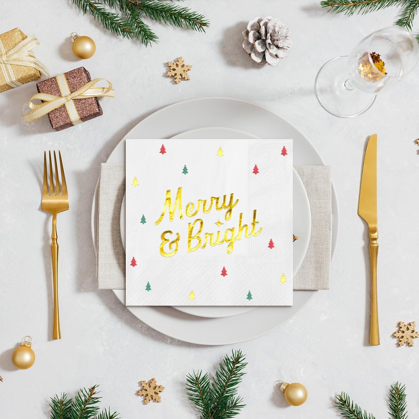 100 Pcs Christmas Tree Paper Napkins Disposable, Merry Bright Red Green Gold Foil Cocktail Napkins, Xmas Holiday Square Party Guest Dinner Napkin for Christmas Winter Party Supplies, 6.5x6.5 Inch