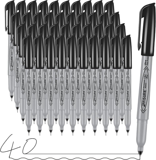 Permanent Markers, Ultra Fine Point, Black, 40 Count, 0.4mm, Fine tip permanent marker set, quick dry, waterproof, fading resists, durable, marks on paper, glass, ceramic, plastic, wood, rock, metal