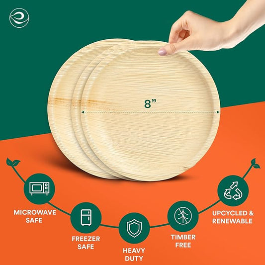 ECO SOUL 8 Inch Disposable Palm Leaf Plates [100 Pack] Premium Food-Safe Heavy Duty Compostable Bamboo Paper Plates for Lunch, Dinner, Birthday, Weddings, Party, Camping & Catering Events [Round]