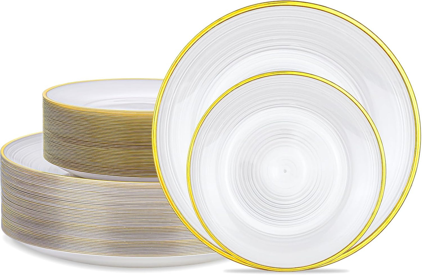 Morejoy 100Pcs Pearl White Plastic Plates,White Disposable Plates With Gold Rim,Heavy-duty Gold Plates, Modern swirl design Plate Include 50Clear Dessert-Platos,50Dinner-Platos for Party&Thanksgiving