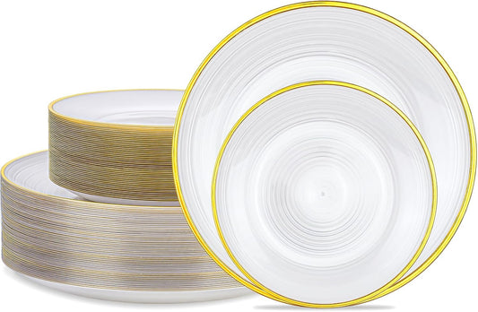 Morejoy 100Pcs Pearl White Plastic Plates,White Disposable Plates With Gold Rim,Heavy-duty Gold Plates, Modern swirl design Plate Include 50Clear Dessert-Platos,50Dinner-Platos for Party&Thanksgiving