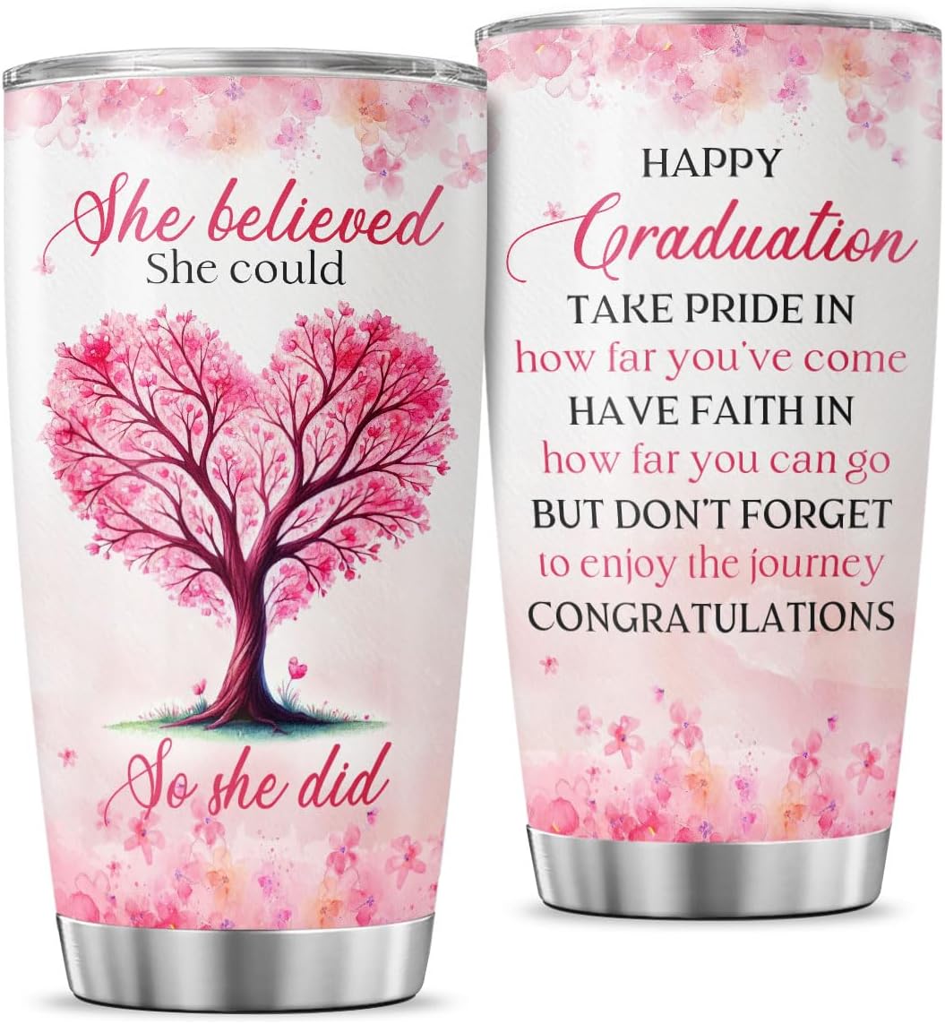 Graduation Gift for Her with Inspirational Heart Tree Design, She Believed Could So Did Quote, 20oz Stainless Steel Insulated Tumbler, Encouraging Present Women, Girls, Students