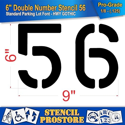 Pavement, Curb, and WheelStop Stencils - 6 inch Double Number Stencil - (56) - 6" x 9" x 1/8" (128 mil) - Pro-Grade