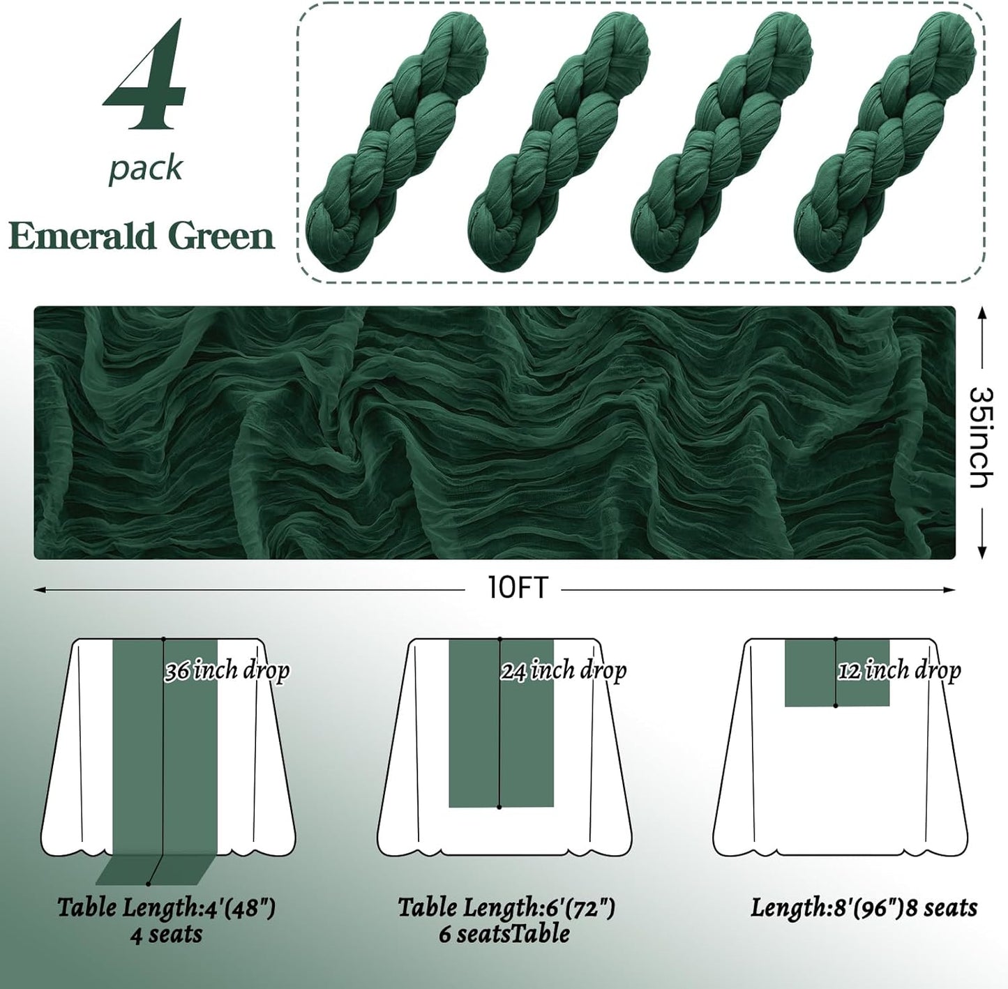 4Pack Emerald Green Table Runner 10FT Cheesecloth Table Runner 35x120Inch Long Boho Cheese Cloth Table Runners Rustic Gauze Table Runners for Party Wedding Bridal Shower Baby Shower Decorations
