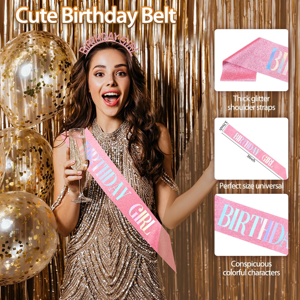 Birthday Sash Birthday Crown for Women, Birthday Girl Sash, Birthday Girl Crown, Glitter Pink Birthday Sash and Crown Rhinestone Headband Set, Happy Birthday Girl Princess Tiara Sash Accessories