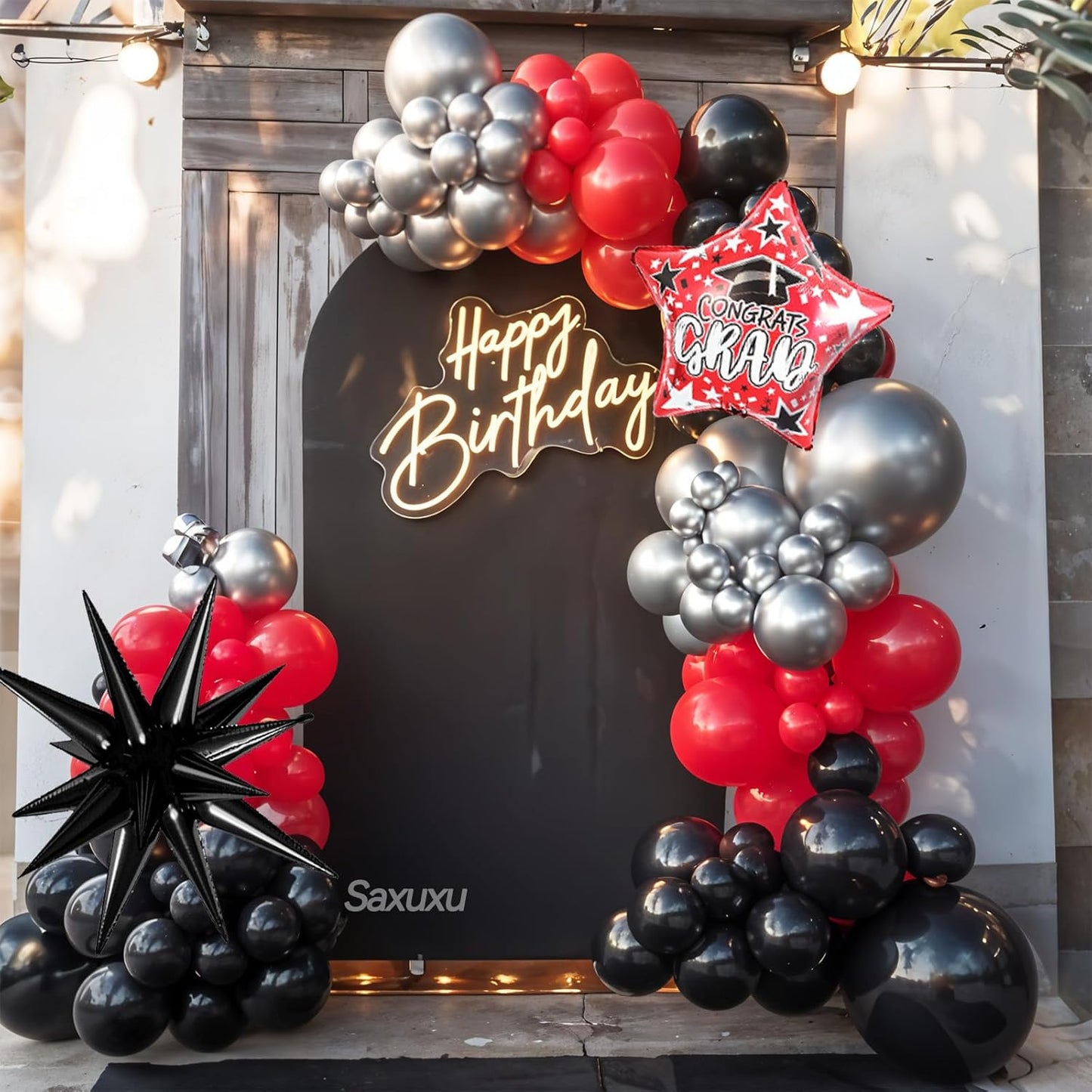 Red and Black Balloon Arch Kit, Red Black Silver Balloons Garland Arch Kit, Star Foil Balloons, Silver Confetti Balloon For Graduation Birthday Anniversary Engagement Party Wedding Decorations