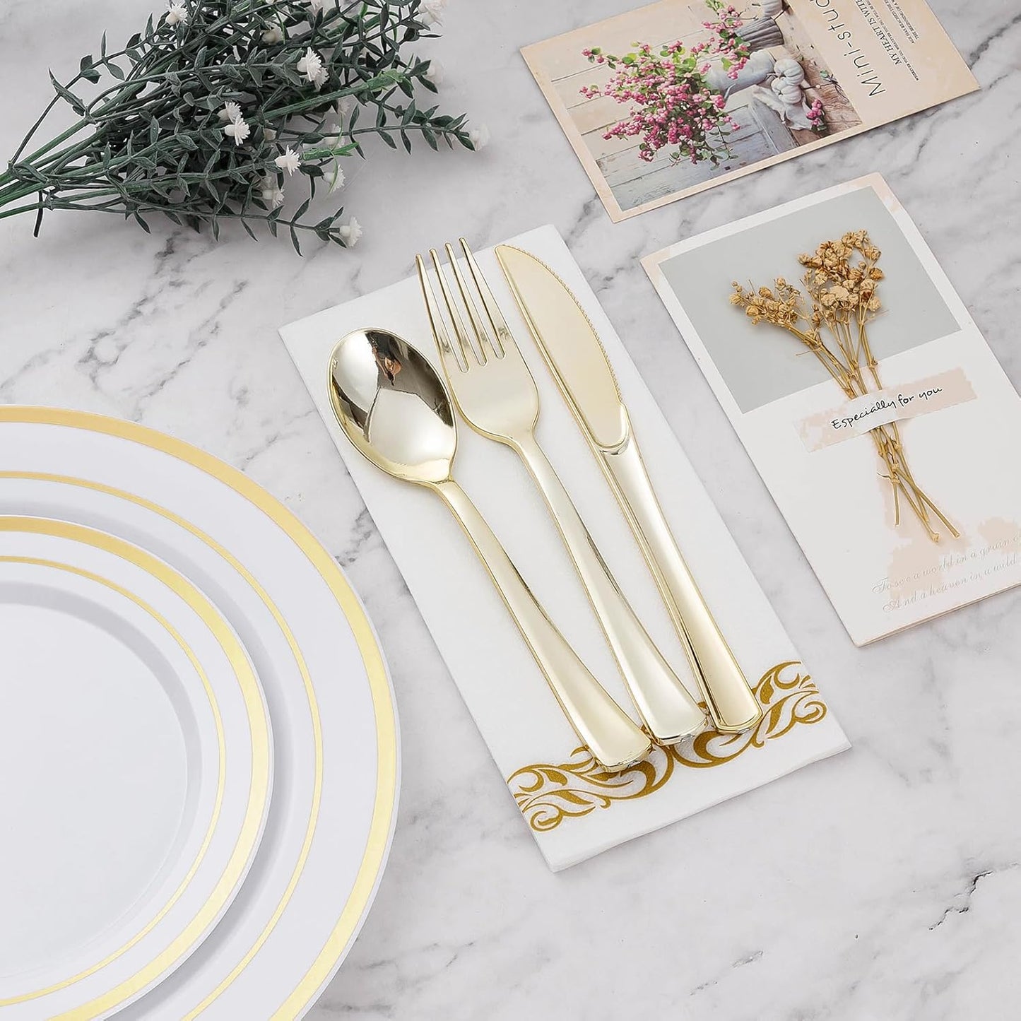 BESTVIP 350 PCS Gold Dinnerware Set for 50 Guests, Plastic Dinnerware Set for Party, Wedding, Christmas, Halloween, Include: 100 Plastic Plates, 50 Gold Silverware, 50 Cups, 50 Paper Napkins
