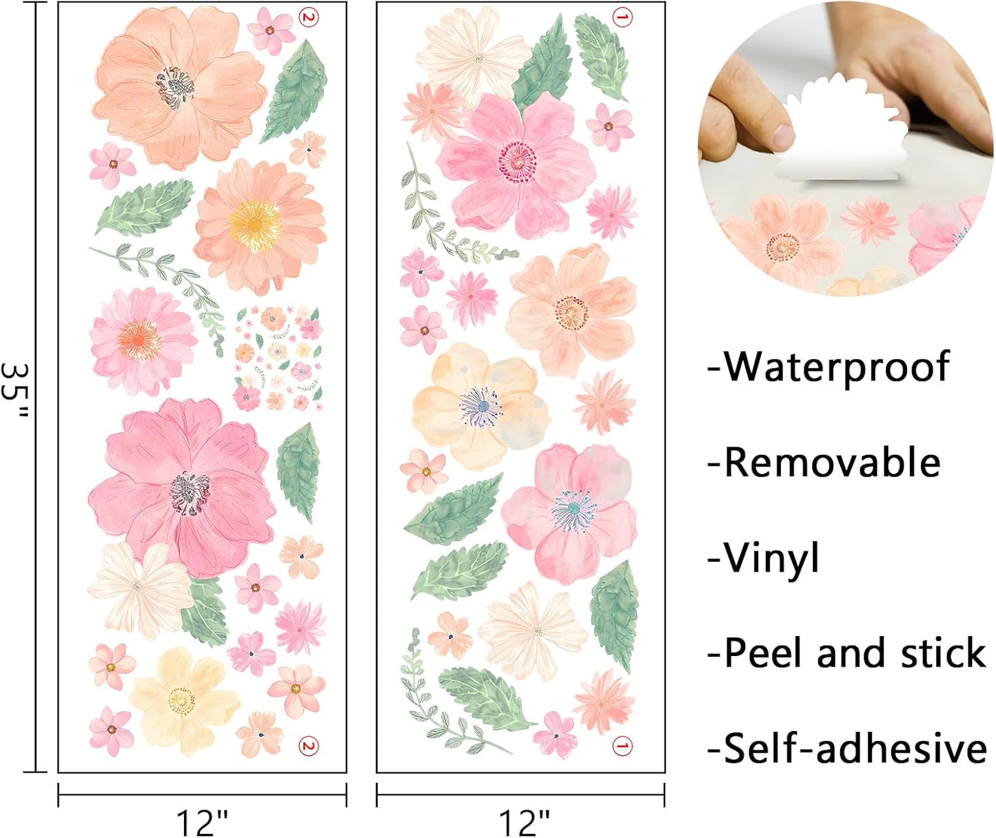 Mfault Watercolor Flower Wall Decals Stickers, Pink Poppy Floral Leaves Decorations Bedroom Art, Botanical Seasonal Home Living Room Kitchen Decor