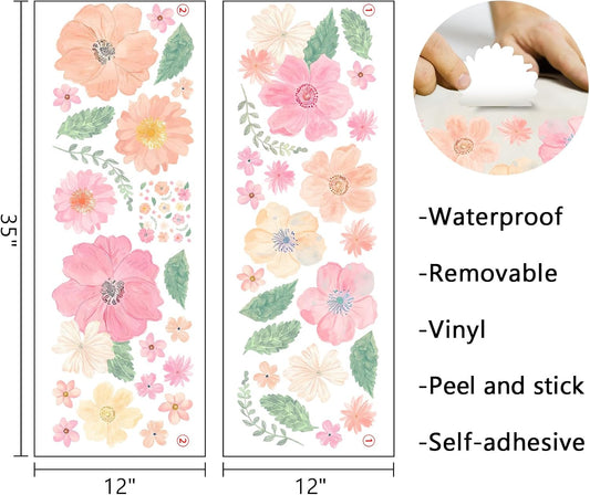 Mfault Watercolor Flower Wall Decals Stickers, Pink Poppy Floral Leaves Decorations Bedroom Art, Botanical Seasonal Home Living Room Kitchen Decor