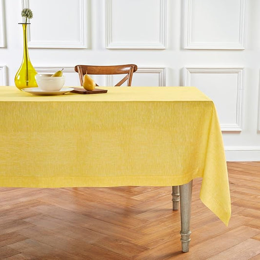 Solino Home Linen Tablecloth 60 x 132 Inch - 100% Pure Linen Chambray Lemon Yellow Table Cloth for Rectangle Tables - Athena, Machine Washable Tablecloth for Spring, Easter