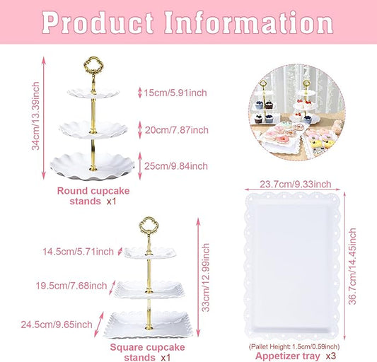 Dessert Table Display,5Pcs Cake Stand Set,2Pcs 3 Tiered Cupcake Stands and 3Pcs Dessert Trays Serving Trays for Party Baby Shower Wedding Tea Party