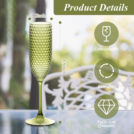 Plastic Champagne Flutes Champagne Glasses Unbreakable Wedding Toasting Glasses Reusable Diamond Wine Glasses Crystal Clear Party Wine Cups Vintage Drinking Glasses 5.5 OZ for Wedding (24, Green)