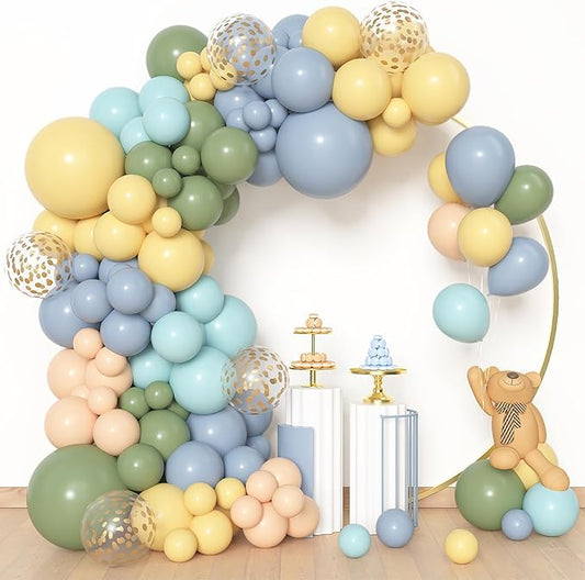 Amandir 153pcs Blue and Yellow Balloon Arch Kit, Different Sizes 18 12 10 5 inch Sage Green Dusty Haze Blue Pastel Yellow Cream Gold Confetti Balloons for Birthday Party Bear Baby Shower Decorations