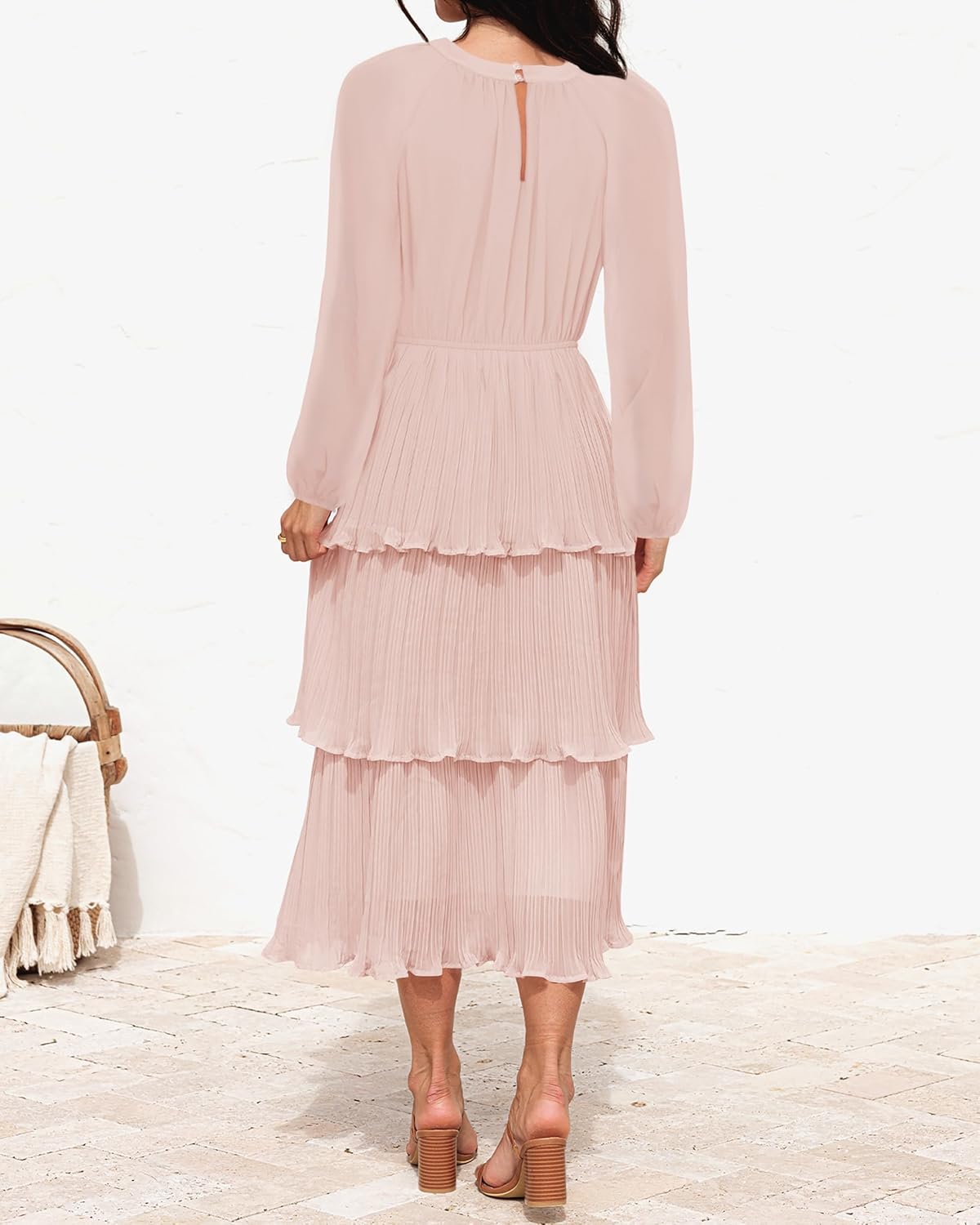 ZESICA Women's 2025 Long Sleeve Crew Neck Ruffle Tiered Layered Chiffon Flowy Swing Long Midi Dress